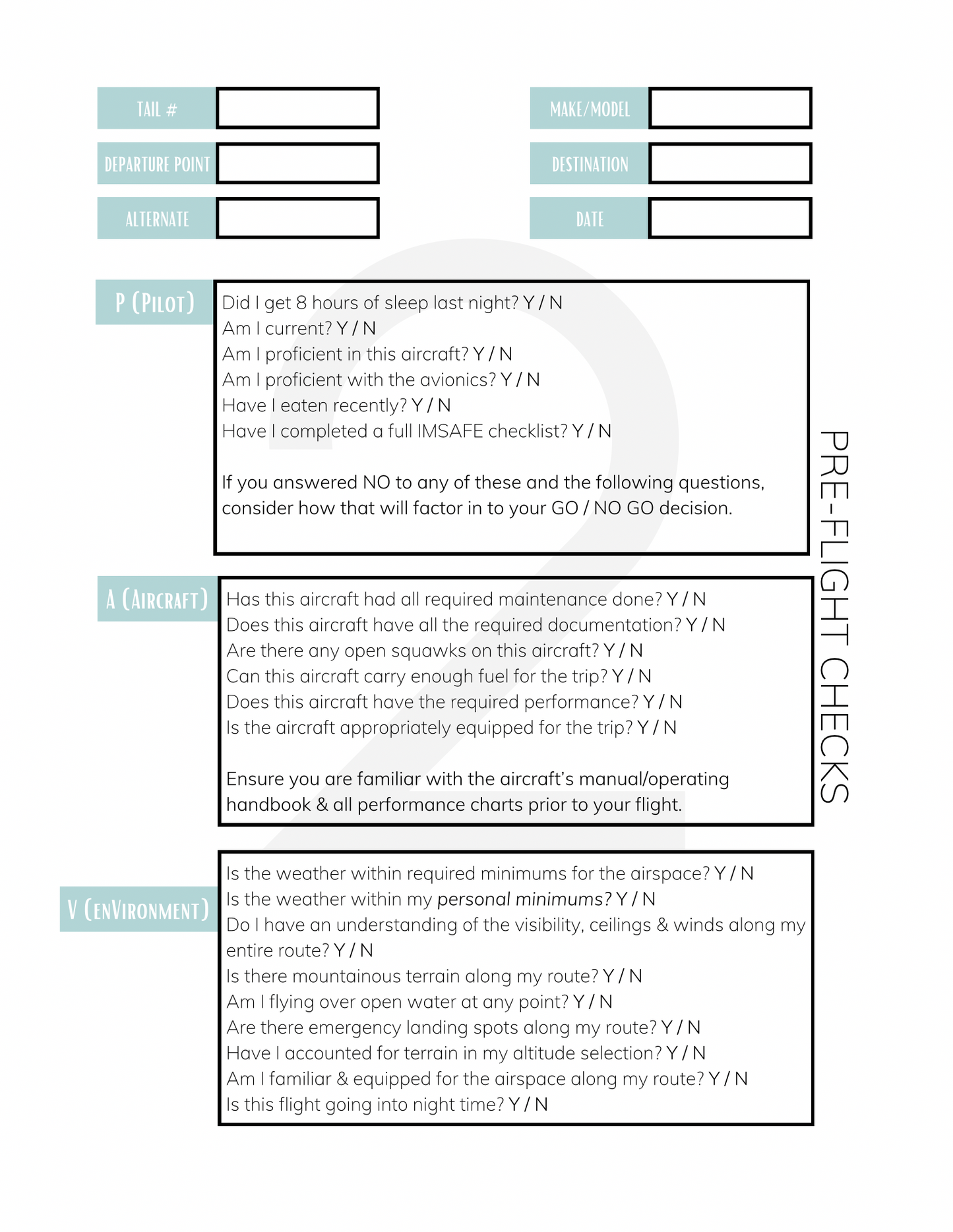 One of the pages inside of the aviators notebook. It is for a preflight checklist based off of the PAVE model.