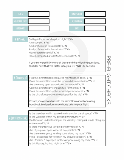 One of the pages inside of the aviators notebook. It is for a preflight checklist based off of the PAVE model. 